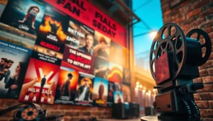 Discover cinematic delights through https://bandarlayarkaca21.com, showcasing vibrant film posters and a vintage projector.