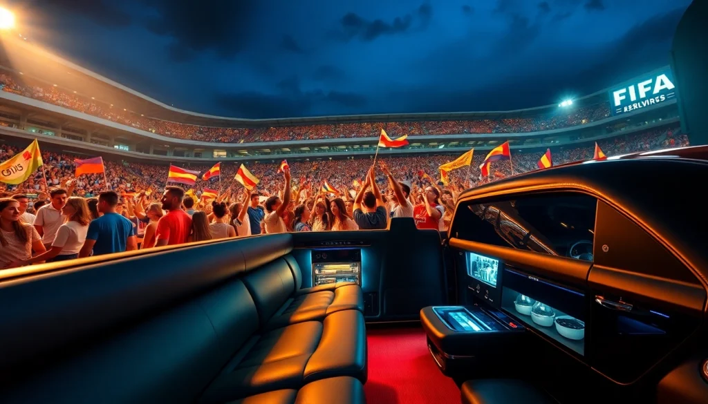 World Cup Group Transportation in a luxurious limousine at a grand stadium celebration.
