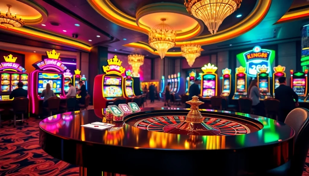 Experience the thrill of king88 with a luxurious casino ambiance featuring roulette and engaging slot machines.
