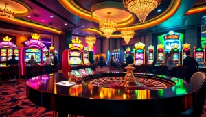 Experience the thrill of king88 with a luxurious casino ambiance featuring roulette and engaging slot machines.