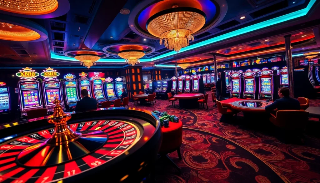 Experience the excitement of XN 88 with vibrant casino scenes featuring roulette, poker, and slots.