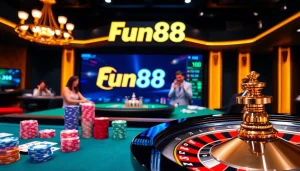 Experience Fun88's vibrant casino atmosphere with roulette, poker chips, and live betting excitement.