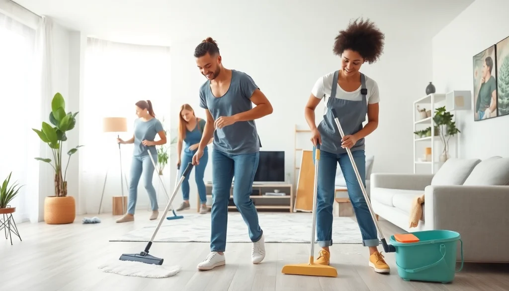 Efficient cleaning service team diligently tidying a modern home, showcasing their professionalism and teamwork.