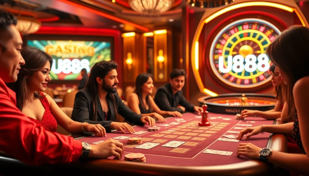 Players enjoying high-stakes poker action at U888, surrounded by vibrant casino elements and luxurious atmosphere.