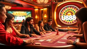 Players enjoying high-stakes poker action at U888, surrounded by vibrant casino elements and luxurious atmosphere.