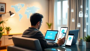 快连下载 VPN interface displayed on devices in a modern workspace for secure internet access.
