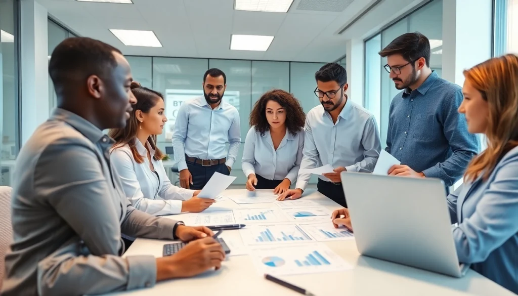 Accounting and Bookkeeping Services team collaborating over financial documents in a modern office.