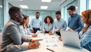 Accounting and Bookkeeping Services team collaborating over financial documents in a modern office.