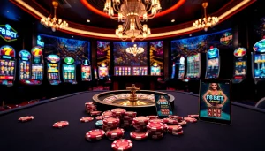 Experience the thrill of F8 BET with vibrant casino tables and modern gambling elements.