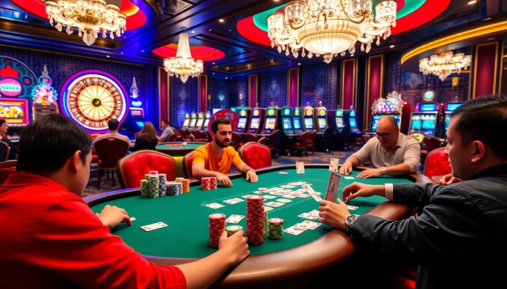 Players engaging in poker at nhà cái luck8, with vibrant casino elements and excitement in the air.