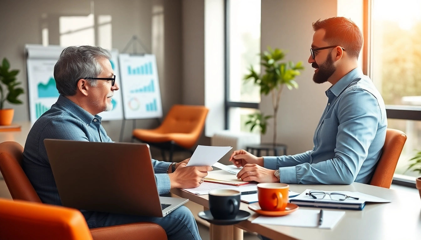 Engaged business coach near me guiding a client with a laptop and charts in a modern office setting.