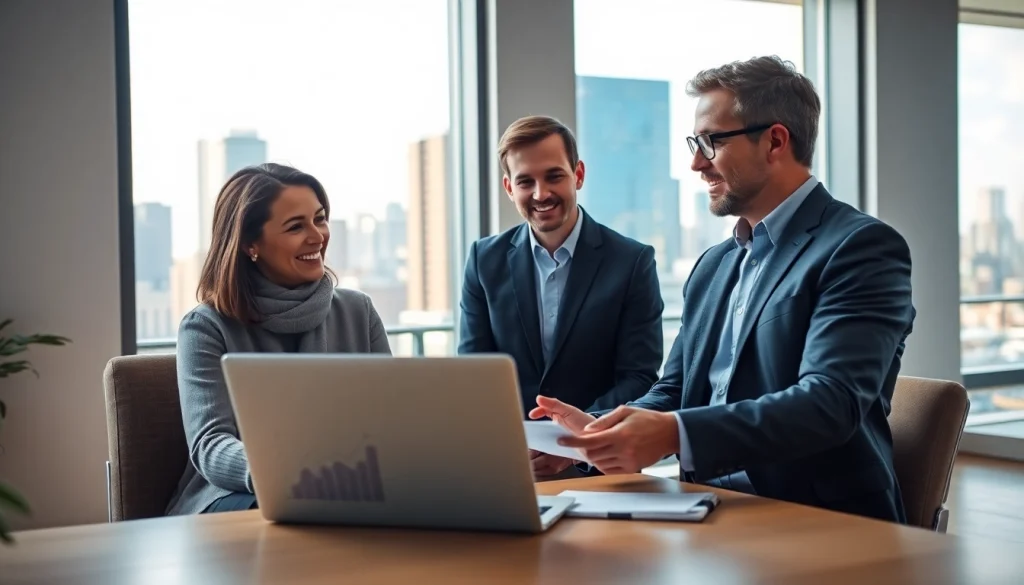 Engaging real estate consultation featuring a professional agent with clients in a modern office.