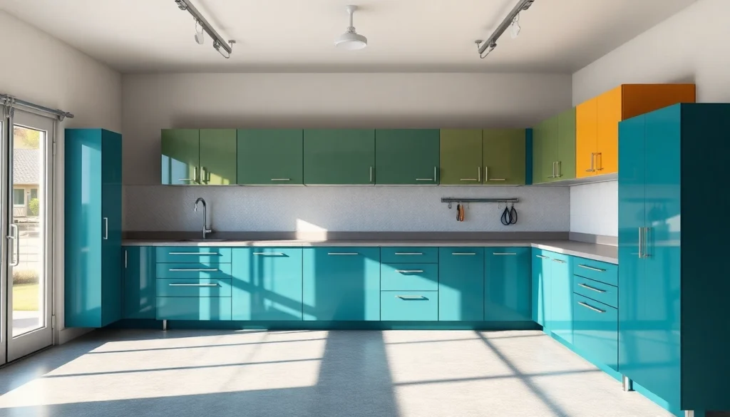 Garage cabinets organized and styled for maximum functionality in a modern garage.