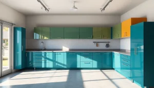 Garage cabinets organized and styled for maximum functionality in a modern garage.