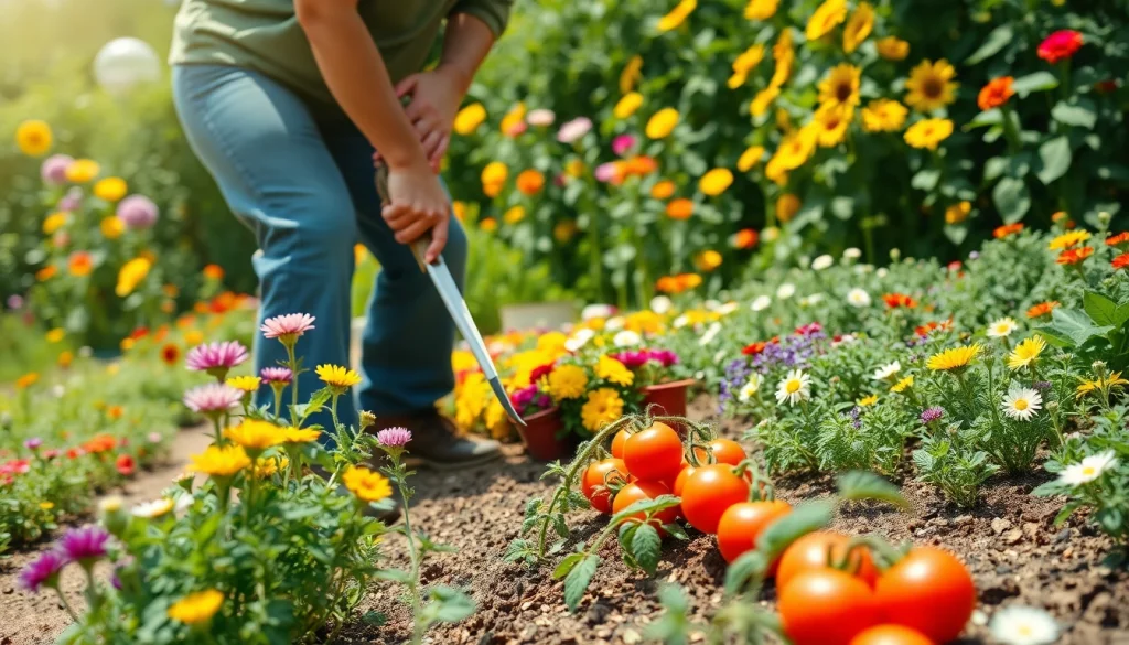 Gardening enthusiast carefully tending to vibrant flowers and vegetables in a sunny garden setting.