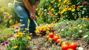 Gardening enthusiast carefully tending to vibrant flowers and vegetables in a sunny garden setting.