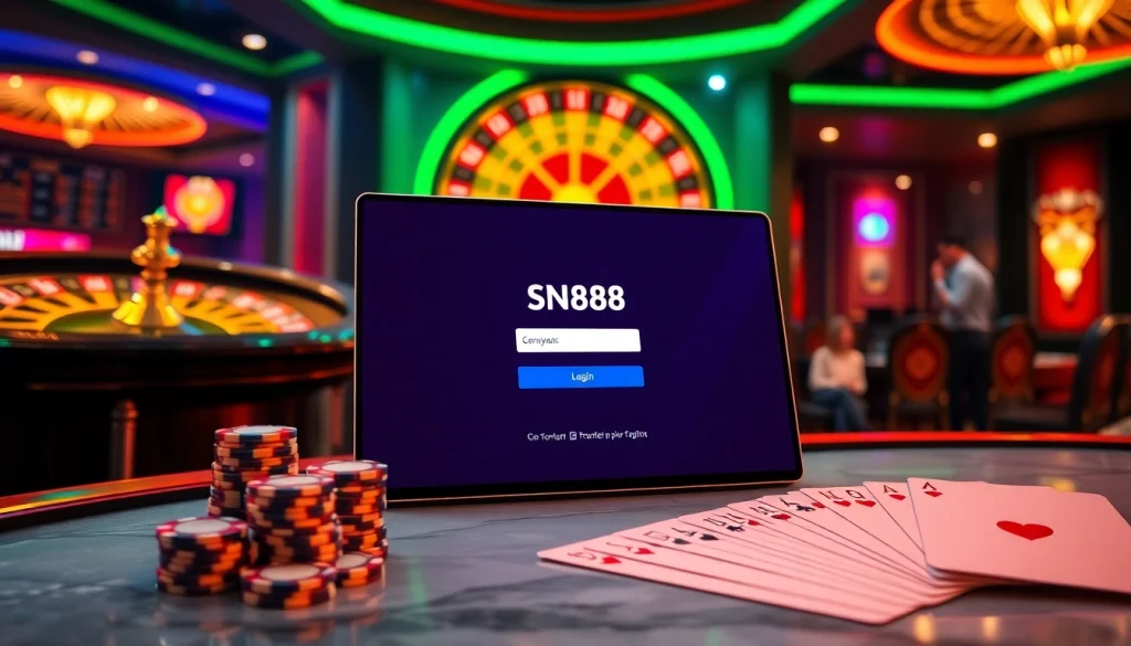Engage with the SN888 Login interface amid a luxurious casino scene with vibrant colors and high-stakes gaming elements.