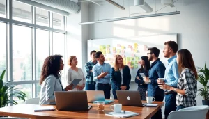 Agency team collaborating in a modern office, showcasing a creative atmosphere.