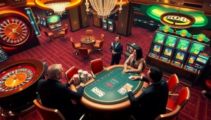 GO8 players engaging in a thrilling high-stakes poker game at a vibrant casino.