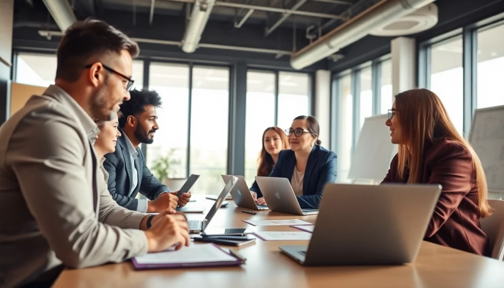 Engaged participants in a business meeting discussing strategies in a modern office.