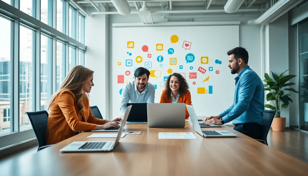 Boost Social Media team collaborating in a bright office setting, showcasing creativity in action.