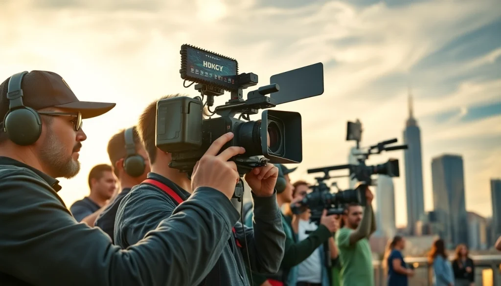 Capture of a Video Production Company Phoenix team in action with advanced filming equipment against the city skyline.