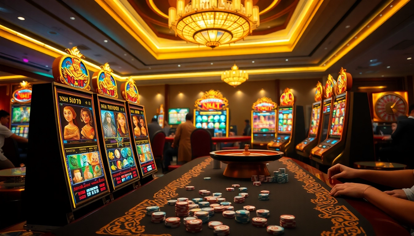 Players engaging at Nổ Hũ slot machines, surrounded by vibrant casino atmosphere.