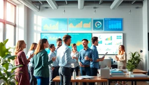 Marketing team collaborating on strategies at a Florida Ad Agency, showcasing creativity and teamwork.