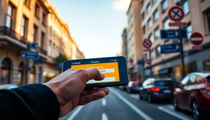 Check traffic fines on https://finecheck.cy with a mobile device showcased in a vibrant urban setting.