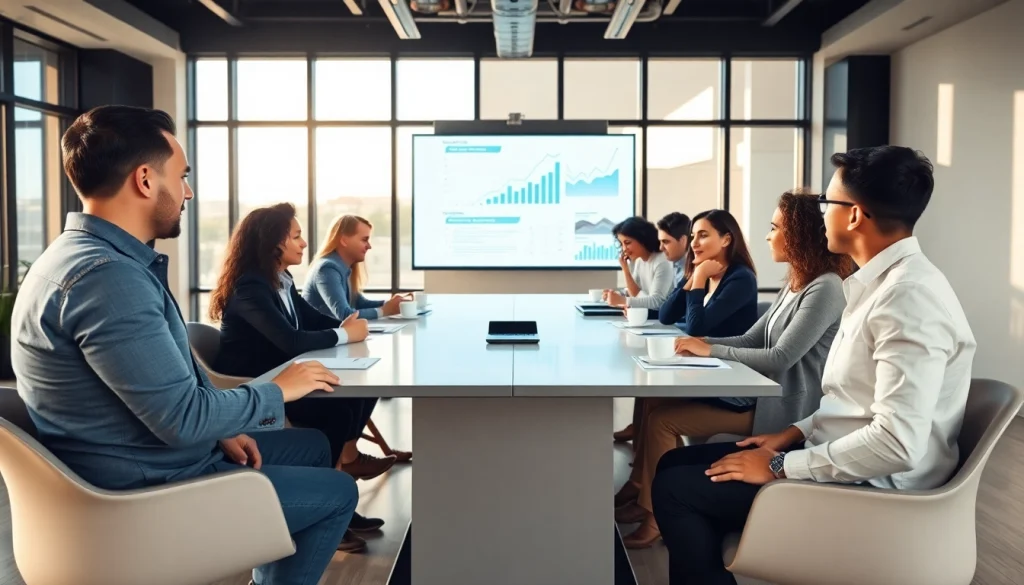 Business meeting showcasing diverse professionals collaborating on strategy in a modern office.