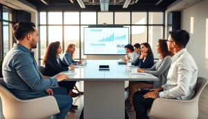 Business meeting showcasing diverse professionals collaborating on strategy in a modern office.