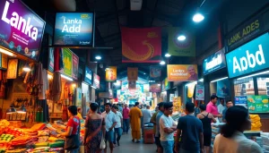 Dynamic Sri Lankan marketplace filled with vibrant ads for Lanka Add products.