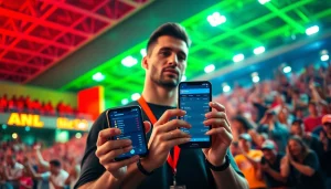 Engaged sports betting in Alabama enthusiast checking odds on a smartphone in a dynamic sports arena.