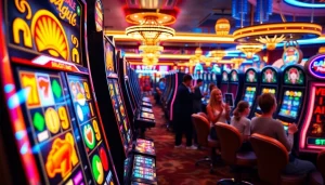 Menampilkan permainan slot depo 5k dengan mesin yang berwarna cerah dan pemain yang bersenang-senang.