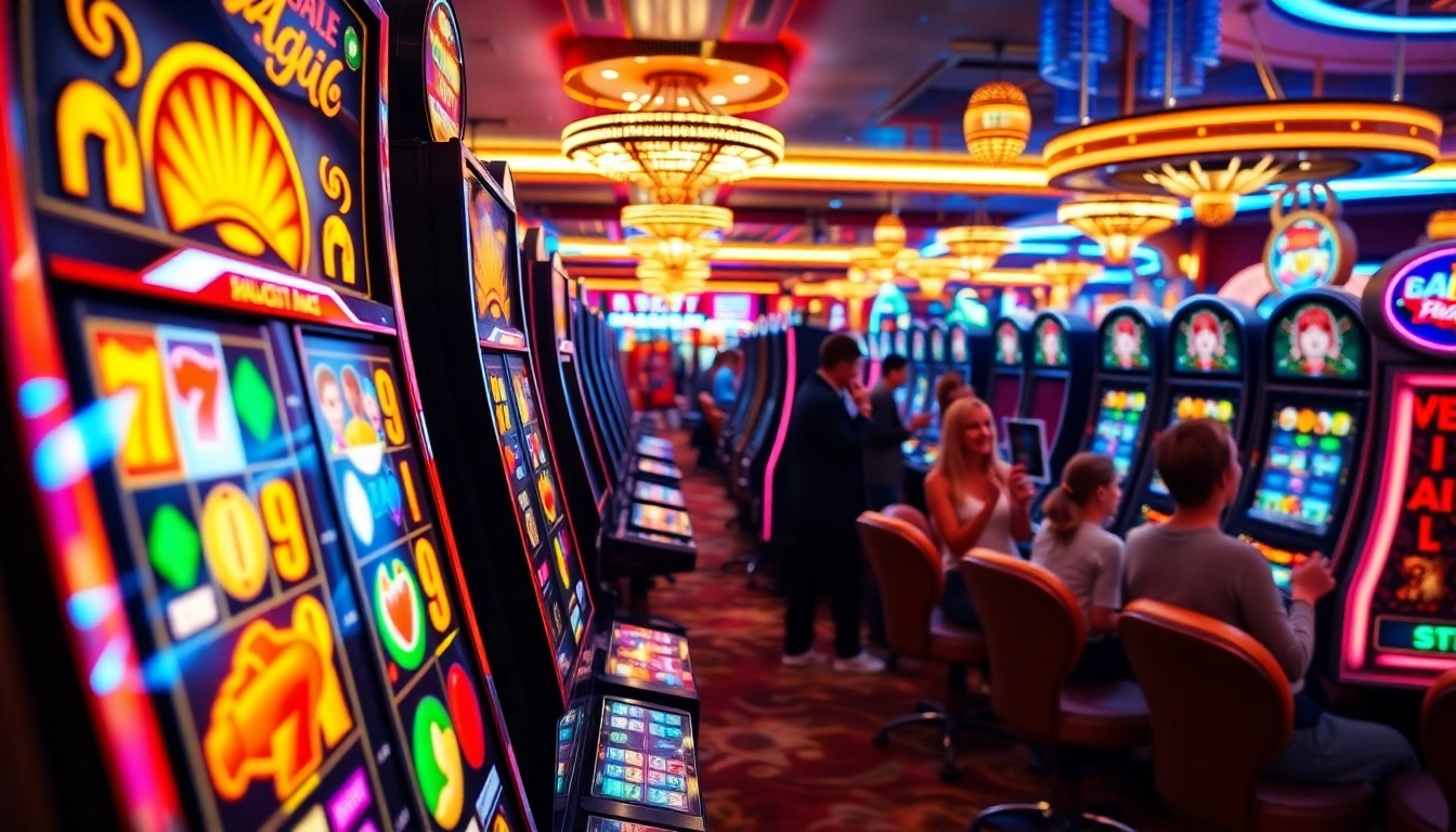 Menampilkan permainan slot depo 5k dengan mesin yang berwarna cerah dan pemain yang bersenang-senang.