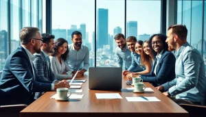 Business professionals collaborating in a modern meeting room with a focus on engagement