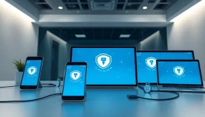 Showcasing 快连vpn下载 on multiple devices with a modern interface and professional ambiance.