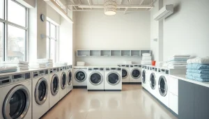 Experience the top laundry service near me with professional, neat setups in a bright laundromat.