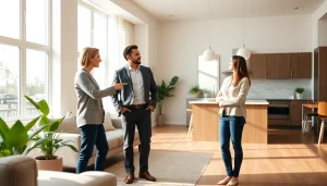 Engaging real estate agent demonstrating a modern home in bright living room.