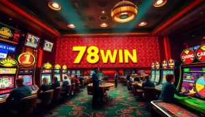 Exciting casino scene showcasing 78WIN with players engaged in games, illuminated by vibrant lights.