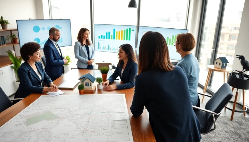 Real Estate professionals engage in collaboration in a modern office environment.