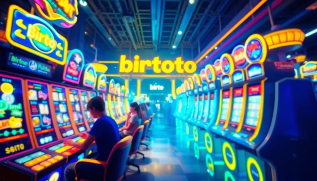 Rasakan sensasi Birutoto melalui adegan permainan online yang bersemangat menampilkan para pemain yang antusias dan mesin slot yang dinamis.