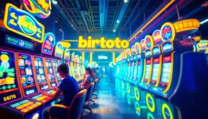 Rasakan sensasi Birutoto melalui adegan permainan online yang bersemangat menampilkan para pemain yang antusias dan mesin slot yang dinamis.