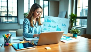 Optimizing SEO strategies in a bright, modern office with data analytics.