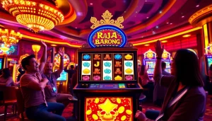 Excited players enjoying the Raja Barong slot machine amidst a vibrant casino backdrop.