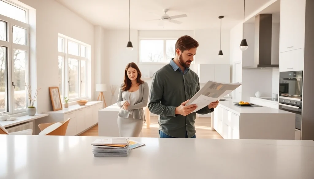 Home renovation project featuring a modern kitchen with a designer reviewing plans.
