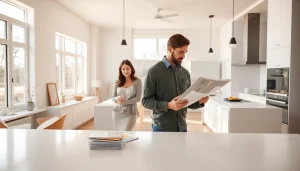 Home renovation project featuring a modern kitchen with a designer reviewing plans.