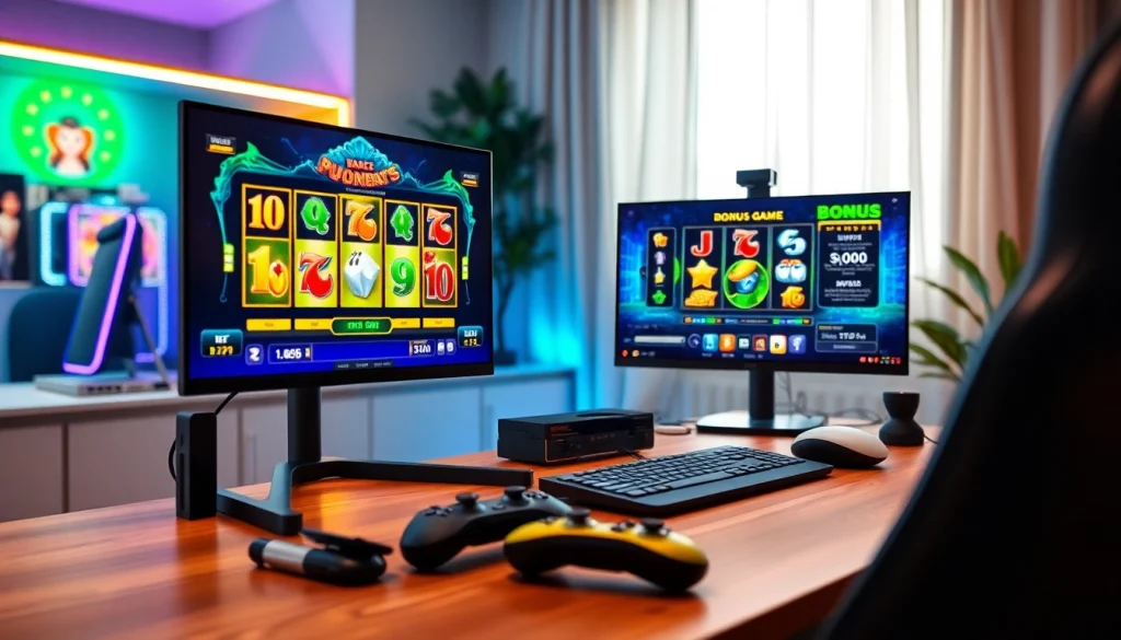 Petani toto menikmati permainan slot di meja gaming modern dengan suasana energik.