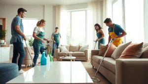 Engaged professionals providing a thorough cleaning service to a cozy living room.