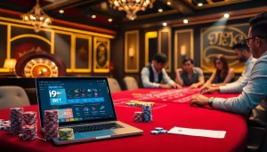 Players enjoying a thrilling game at the i9bet casino table, showcasing poker chips and a roulette wheel.